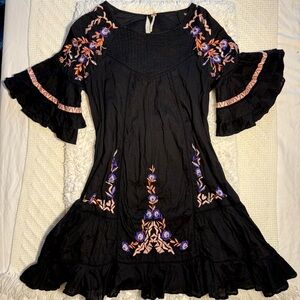 Free People | Embroidered Black Boho Dress | Size Medium